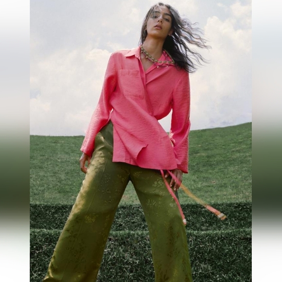 ZARA CORAL BELTED WRAP LONG SLEEVES TOP - Picture 1 of 4